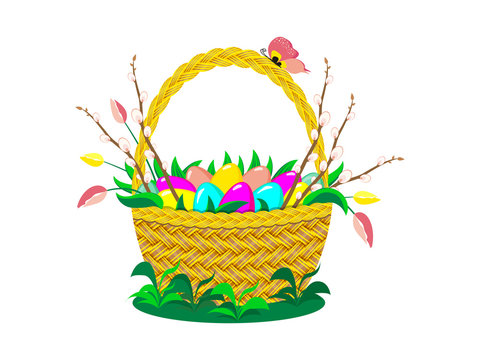 Basket with Easter eggs isolated on a white background