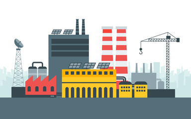 Obraz premium Modern ecological factory with solar panels energy. City landscape, ecological concept. Vector illustration in flat style, design template