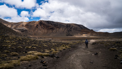 Panorama of hiker walking along Tongariro Crossing