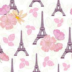 Fototapeta na wymiar Vector Spring Purple Pink Eifel Tower Paris and Roses Flowers Seamless Repeat Pattern Surrounded By St Valentines Day Hearts Of Love. Perfect for travel themed postcards, greeting cards, wedding