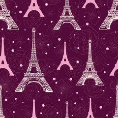 Vector Purple Pink Eifel Tower Paris and Roses Flowers Seamless Repeat Pattern Surrounded By St Valentines Day Hearts Of Love. Perfect for travel themed postcards, greeting cards, wedding invitations.