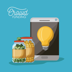 Naklejka premium crowdfunding poster of tablet device with light bulb in screen and coins and bills in bottle savings in blue background vector illustration