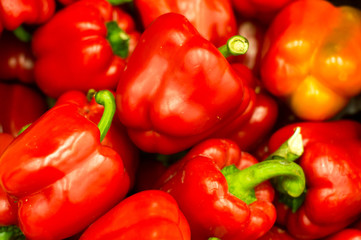 colorful bell peppers, natural background Sweet pepper on shop window for sale on the market top view
