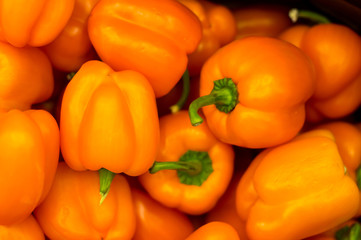 colorful bell peppers, natural background Sweet pepper on shop window for sale on the market top view