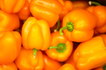 colorful bell peppers, natural background Sweet pepper on shop window for sale on the market top view