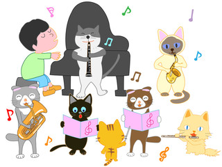 子供と猫のコンサート。猫が楽器を演奏している。
