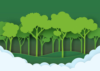 Naklejka premium Eco green nature forest background template.Save the world with ecology and environment conservation creative idea concept paper art style.Vector illustration.