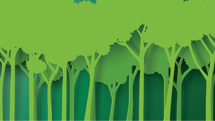 Naklejka premium Eko zielony natura las tło szablon. Plantacja lasów z ekologią i ochroną środowiska kreatywny pomysł koncepcja papier styl sztuki. Ilustracja wektorowa.