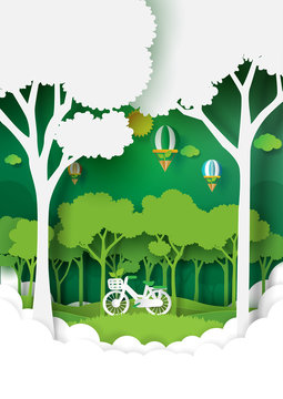 Eco and nature concept paper art style design.Forest plantation with green environment and ecology conservation concept.Vector illustration.