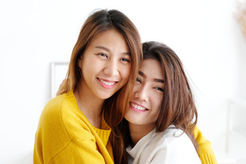 LGBT, Young cute asia lesbian couple holding together with happy moment, homosexual, lesbian couple lifestyle