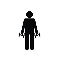 Pictogram man holding light dumbbells in front on his sides. Isolated vector on white background.