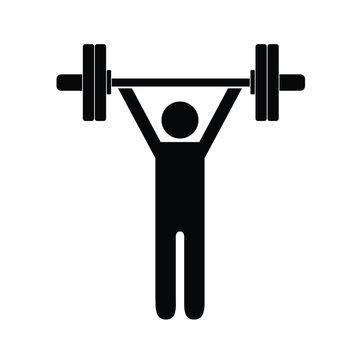 Pictogram man holding barbell with four weights above his shoulders. Isolated vector on white background.