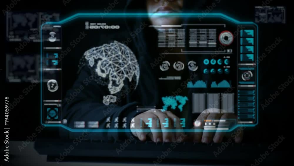 Poster hacker using keyboard with user interface hud code for cyber criminal cyber attack and futuristic co