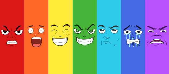 Various faces showing different emotions in a rainbow pattern. Anger, surprise, happiness, evilness, doubtful, sadness and disgust. - obrazy, fototapety, plakaty