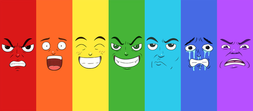 Various faces showing different emotions in a rainbow pattern. Anger, surprise, happiness, evilness, doubtful, sadness and disgust.