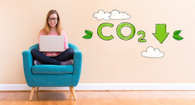 Reduce CO2 with young woman using her laptop in a chair