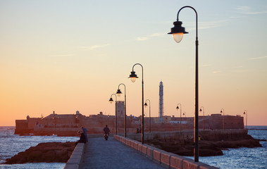 Causeway to the Castle of San Sebastian Castillo de San Sebastian at twilight - Cadiz, Andalusia, Spain © lkonya
