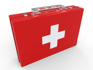 Fototapeta premium First Aid kit box isolated on white background. Health and Medical concept. 3d illustration.
