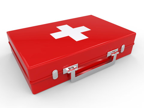 First Aid kit red medical box on white background. Health and Medical concept. 3d illustration