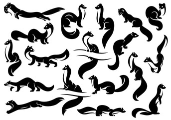 A set of figures of weasels, martens, ferrets. Black silhouette. Isolated on a white background.