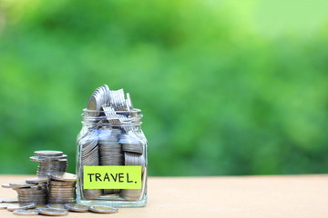 Saving planning for Travel budget of holiday concept,Financial,Stack of coins money in the glass bottle on natural green background