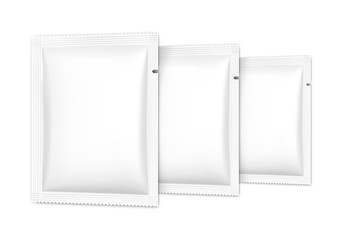 Set of blank sachet packaging for food, cosmetic and hygiene. Vector illustration on white background. Ready for your design. EPS10.