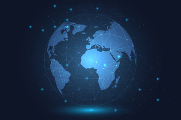 Glowing global network connection. World map mesh and line as global business, composition concept. Vector Illustration.
