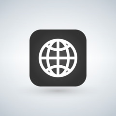 Globe icon over black app button with shadow, vector illustration.