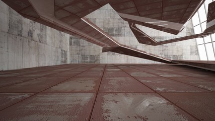 Empty smooth abstract room interior of sheets rusted metal with gray concrete. Architectural background. 3D illustration and rendering