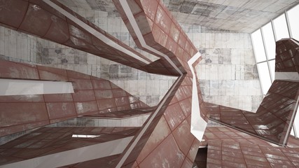 Obraz premium Empty smooth abstract room interior of sheets rusted metal with gray concrete. Architectural background. 3D illustration and rendering