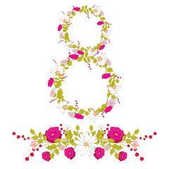 beautiful pink flowers, 8 march, isolated  on a white