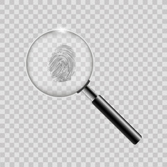 Magnifier with finger print on transparent background. Vector.