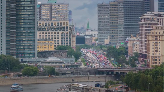 twilight moscow city traffic riverside new arbat street rooftop panorama 4k russia
