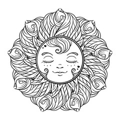 Black and white ornamental sun coloring page.