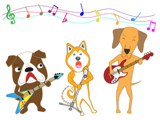 犬のコンサート。犬がギターを演奏している。