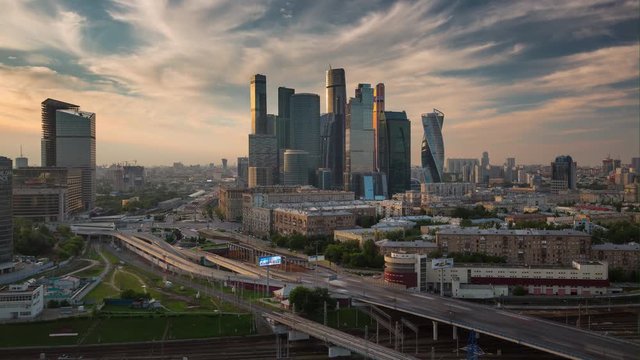 sunset evening moscow modern city traffic road aerial panorama 4k timelapse russia
