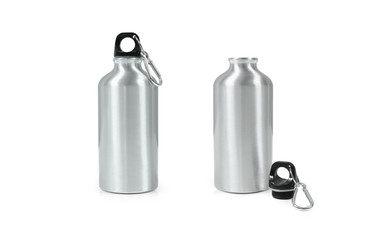 Metallic bottle isolated on white background. Template of empty water bottle for keep temperature.