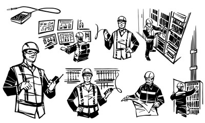 Engineer at the control cabinet RPA. On the monitor the HMI screen. Illustration depicting automation engineers. Engineer with multimeter test industrial cabinet of relay protection and automation.