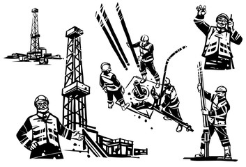 An oil engineer with a radio on the background of a drilling oil rig. Workers drill a well. Separate drilling rig.