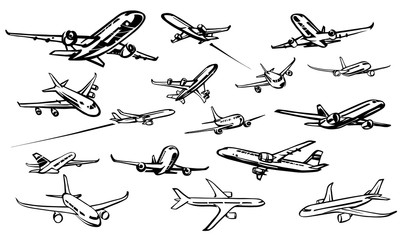 A set of sixteen passenger aircraft. Vector, drawn by hand.