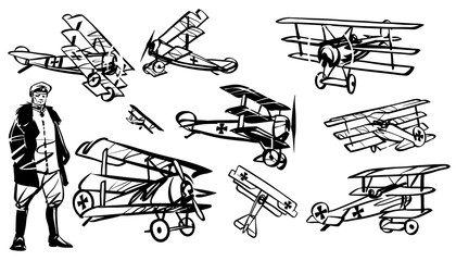 Set of illustrations triplanes of the first world war. German pilot of World War I against the background of the triplane. 