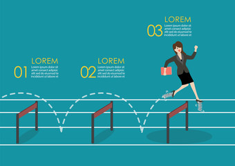 Business woman with elastic spring shoes jumping over hurdle infographic jumping over hurdle infographic