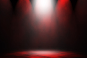 Red spotlight smoke stage night studio background.