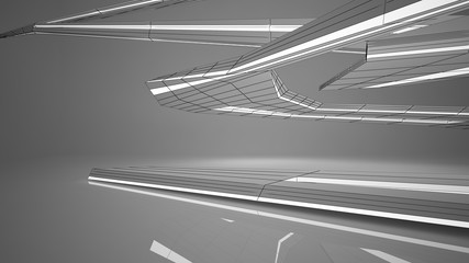 Abstract drawing white parametric interior. Polygon black drawing. 3D illustration and rendering.