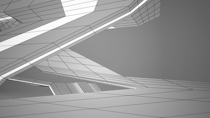 Abstract drawing white parametric interior. Polygon black drawing. 3D illustration and rendering.