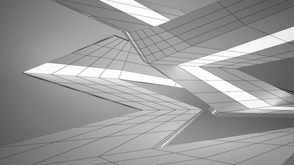 Abstract drawing white parametric interior. Polygon black drawing. 3D illustration and rendering.