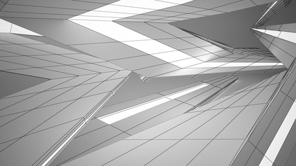 Abstract drawing white parametric interior. Polygon black drawing. 3D illustration and rendering.