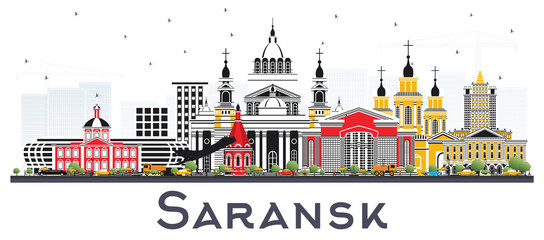 Fototapeta na wymiar Saransk Russia City Skyline with Color Buildings Isolated on White.