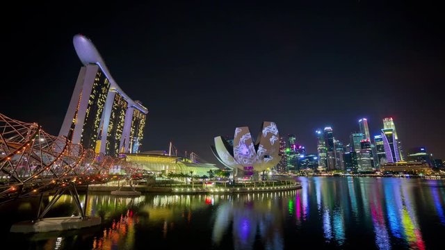 night illumination famous singapore city bay panorama 4k timelapse

