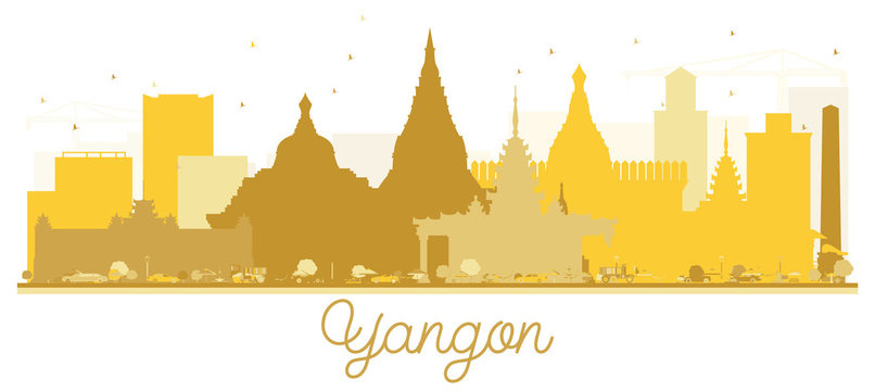 Yangon City skyline golden silhouette.